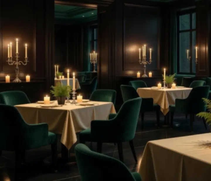 Klimatyczna, świecami oświetlona przestrzeń restauracyjna o klasycznej europejskiej estetyce