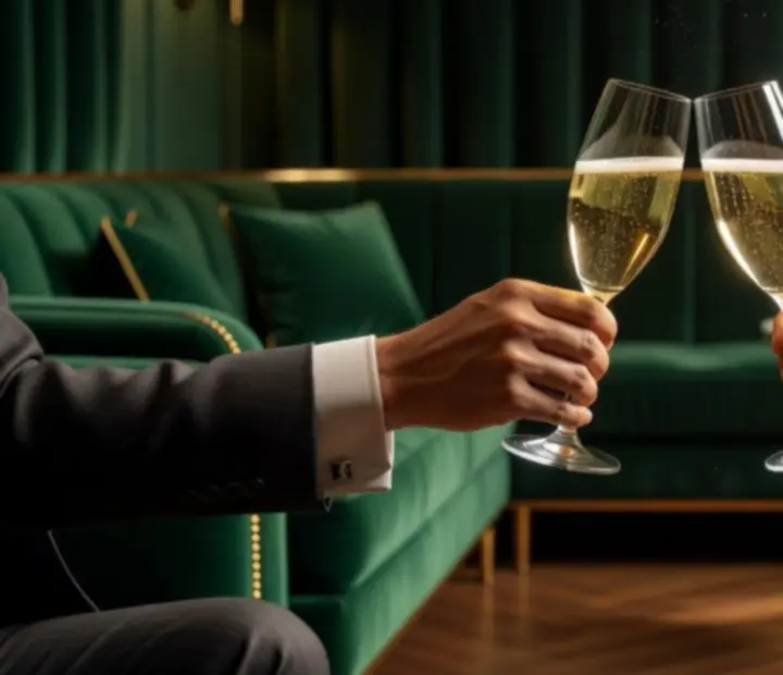 Toast szampanem podczas wieczornego spotkania executive w eleganckim lounge'u
