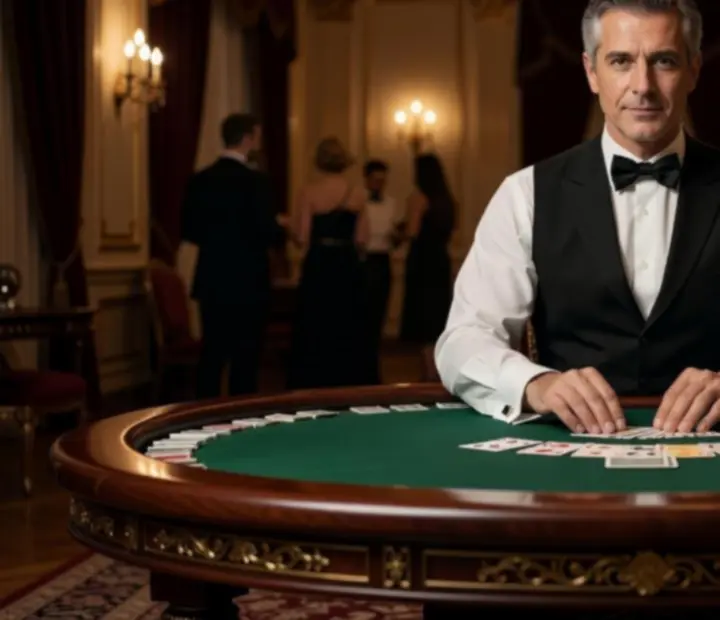 Profesjonalny dealer przy elegancko przygotowanym stole pokerowym w otoczeniu premium