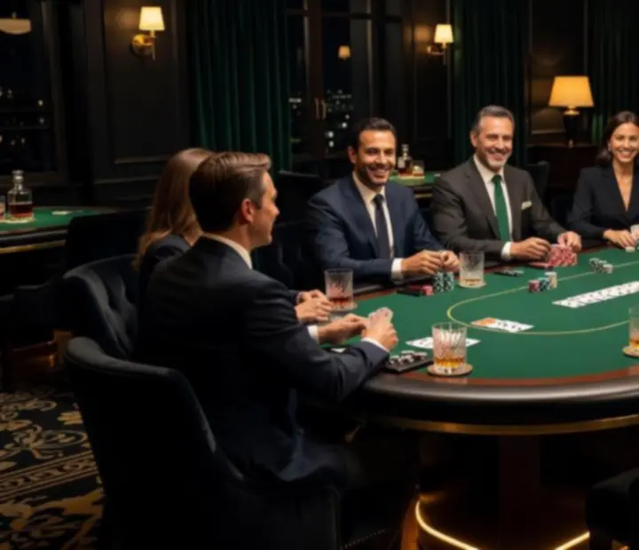 Nastrojowa, elegancka sala z profesjonalnym stołem pokerowym przygotowanym na firmowy wieczór