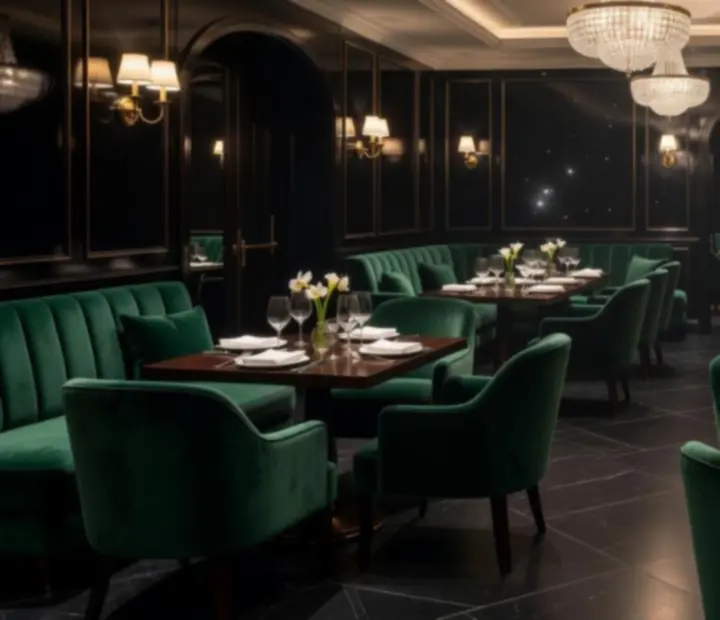 Widok eleganckiego, nastrojowego prywatnego lounge'u restauracyjnego