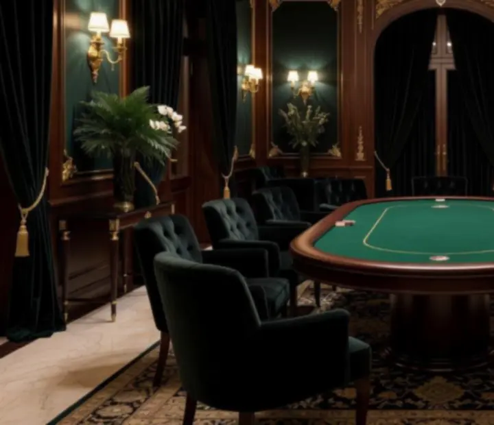 Wnętrze eleganckiego, nastrojowego venue z przygotowanymi stołami pokerowymi