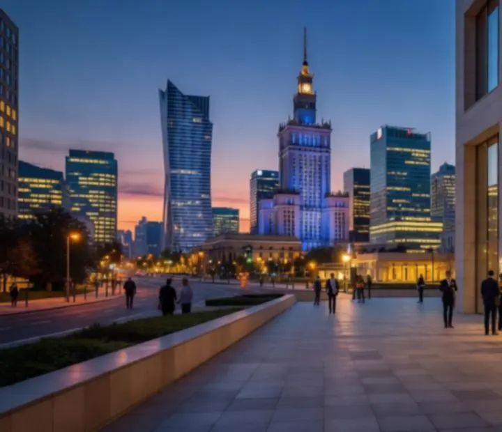 Panorama polskiego miasta o zmierzchu z nowoczesną zabudową i światłami