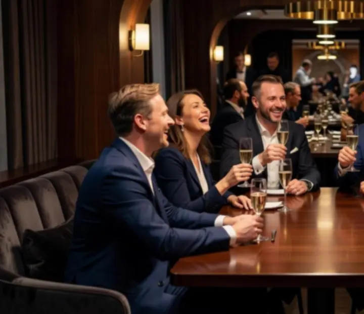 Udane wydarzenie korporacyjne w eleganckiej przestrzeni restauracyjnej z uśmiechniętymi uczestnikami