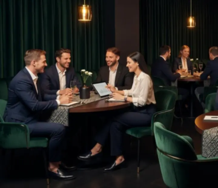 Elegancki wieczór teambuilding w Polsce z zespołem korporacyjnym przy nastrojowo oświetlonym stole