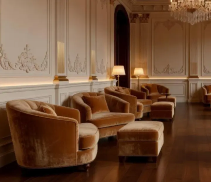 Wyrafinowane wnętrze lounge z nastrojowym oświetleniem i stolikami klubowymi