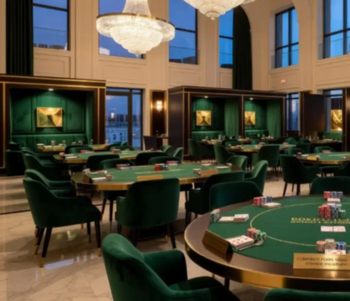 Warsaw Grand Dining Pavilion – elegancka restauracja z wysokim sufitem i stołami przygotowanymi na wieczór pokerowy